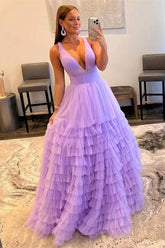 Lilac Long A-line V-Neck Sleeveless Tulle Evening Prom Dresses